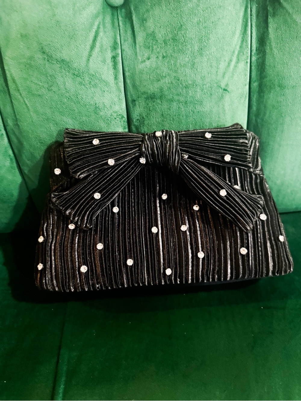 Black Velvet Bow Clutch with Crystal Studs
